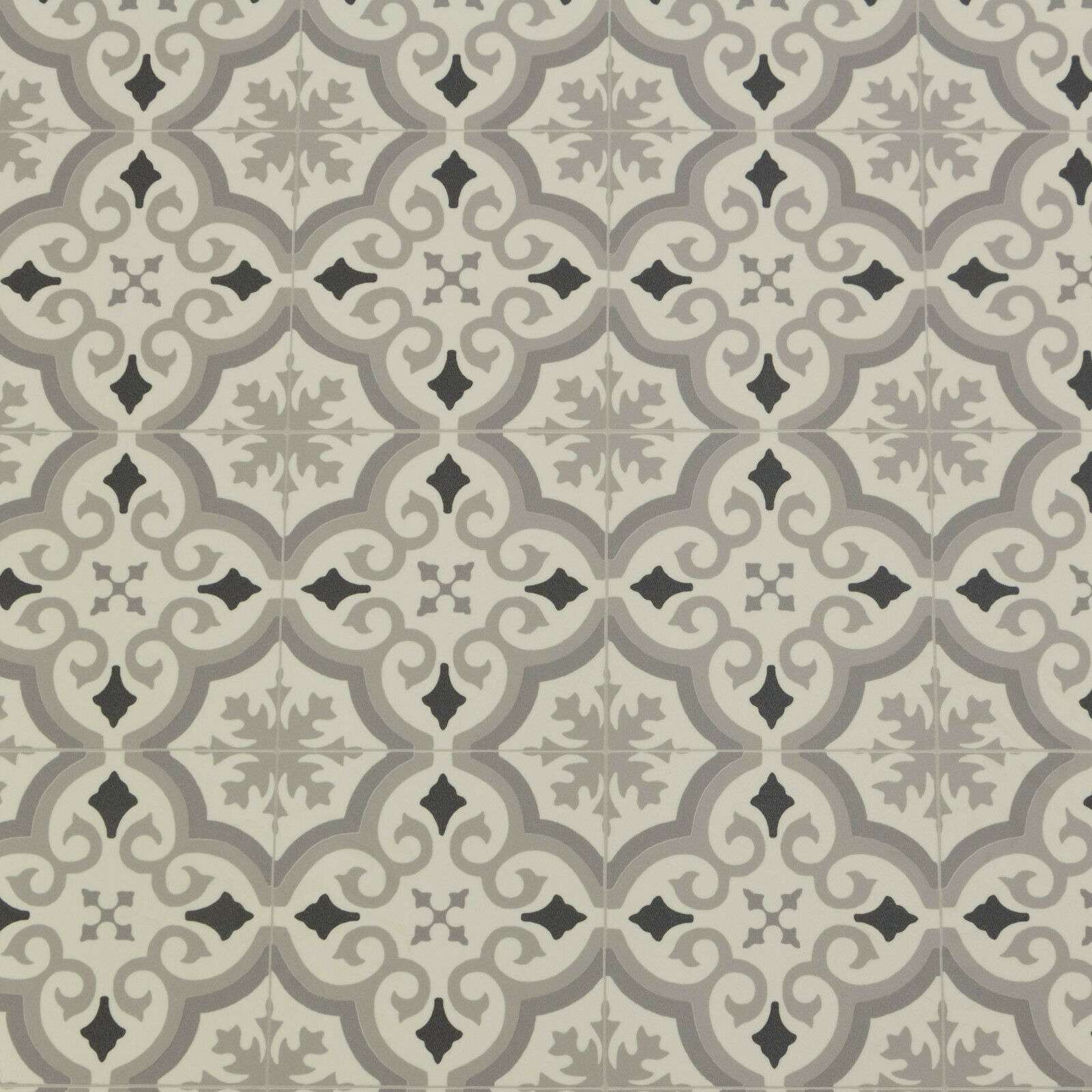 PVC Bodenbelag Retro Fliese Alhambra Weiss Grau Schwarz mit Textilrücken - Länge 30 Meter