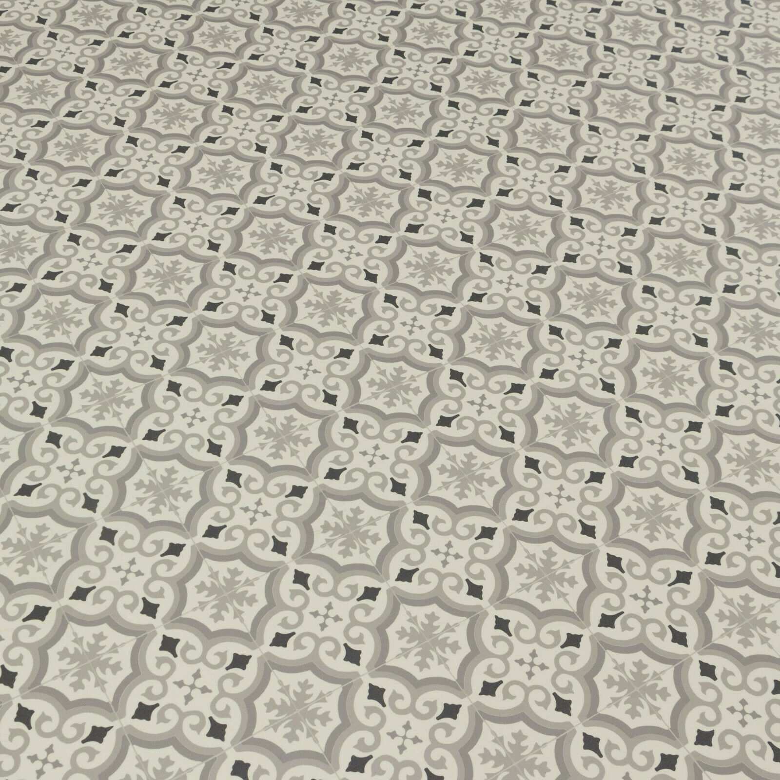 PVC Bodenbelag Retro Fliese Alhambra Weiss Grau Schwarz mit Textilrücken