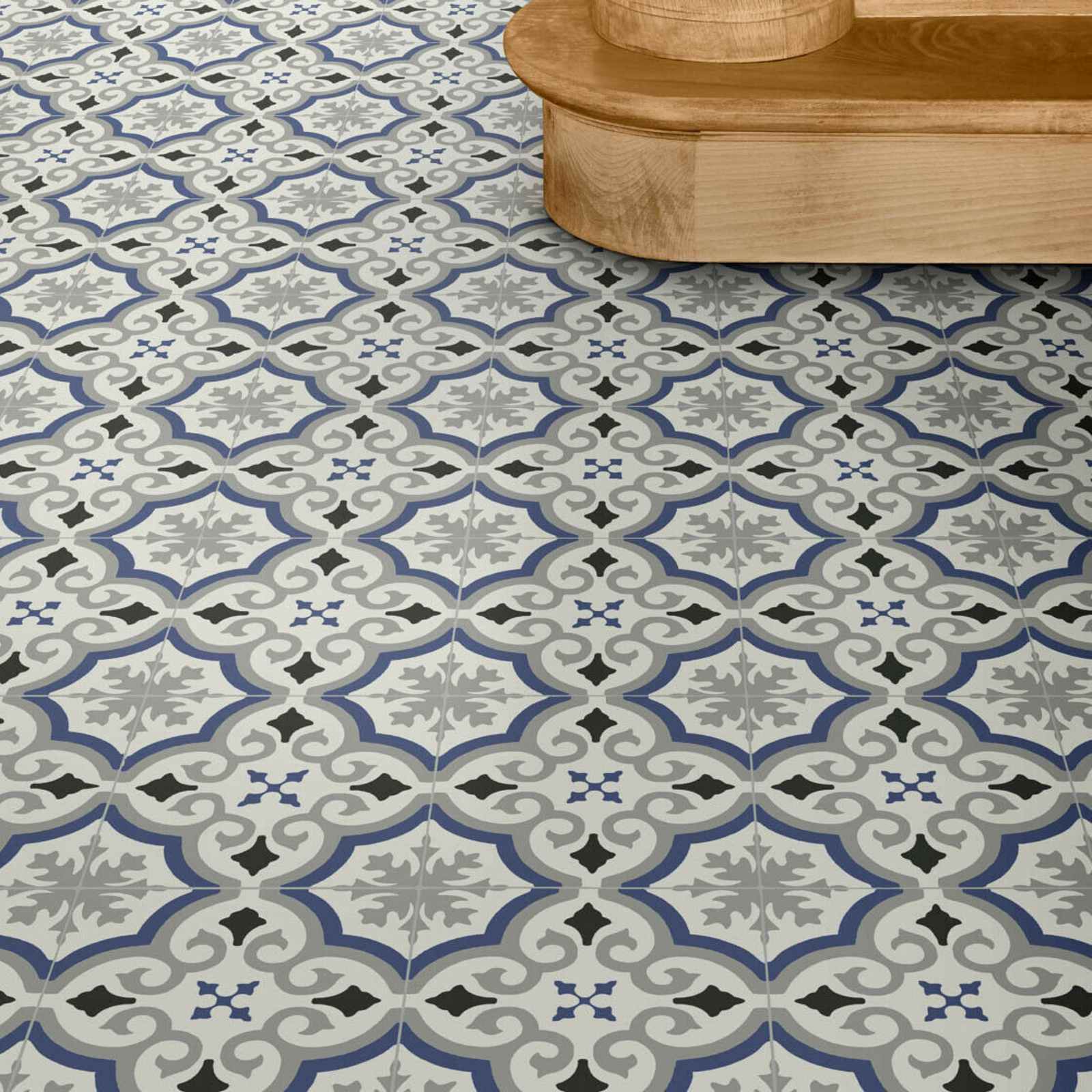 PVC Bodenbelag Retro Fliese Alhambra Blau mit Textilrücken Muster