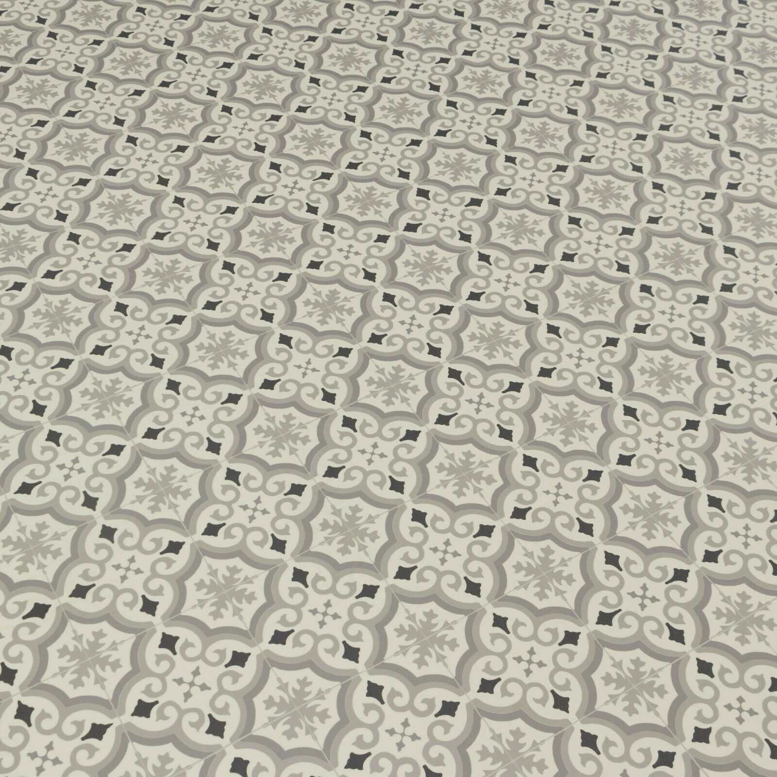 PVC Bodenbelag Retro Fliese Alhambra Weiss Grau Schwarz mit Textilrücken
